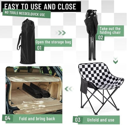 2 Pack Folding Camping Chairs Portable, Black, White, Chessboard