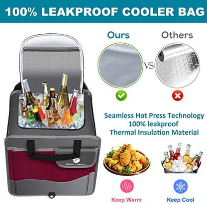 Trunk Organizer with Cooler, Collapsible Trunk Storage Container with Non Slip Bottom Strips, Large Multi-Compartment Waterproof Car Trunk Organizer Groceries for Vehicle Sedan, SUV, Van(Wine Red)