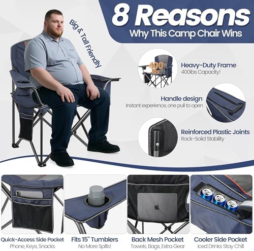 WEIDIORME 2 Pack Heavy Duty Oversized Camping Chair for Adults 400lbs w/Lumbar Support - Folding Chairs with Side Pocket, Cup Holder & Cooler Bag for Beach, Fishing, Lawn, Backyard Navy Blue