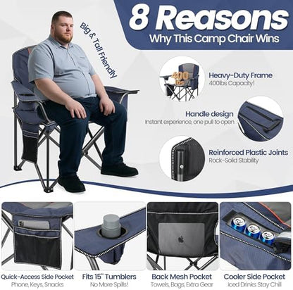WEIDIORME 2 Pack Heavy Duty Oversized Camping Chair for Adults 400lbs w/Lumbar Support - Folding Chairs with Side Pocket, Cup Holder & Cooler Bag for Beach, Fishing, Lawn, Backyard Navy Blue