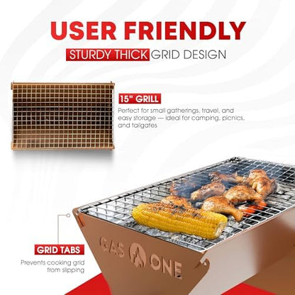 GasOne 15” Portable Charcoal Grill – Foldable BBQ Grill – Camping Grills for Backyard, Bonfire, Patio – Heavy-Duty Portable Fire Pit – Camp Cooking Gear, Brown
