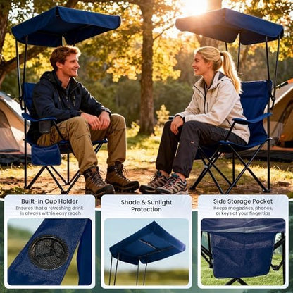 Portable Camping Chair 2 Pack with Foldable Canopy, Folding Outdoor Chair with Cup Holder & Side Pocket for Camping, Hiking, Picnic, Beach (Blue)