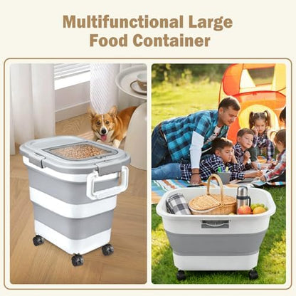 Komzon Rice Storage Container 10-40 lb, 25 lb Pet Dog Food Storage Container, Collapsible Airtight Rice Container,Rice Dispenser Bin with Cup and Scoop for Flour Cereal Pasta Grain, Cat Bird Food