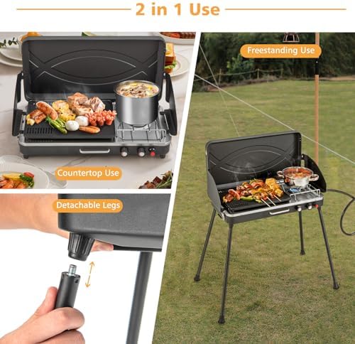 2-Burner Gas Camping Stove, Portable BBQ Grill with Detachable Legs, Roast Grill & 3-Sided Wind Screen, 22,000 Total BTUs of Power, Outdoor Propane Burner Grill Stove for Picnic (Black)