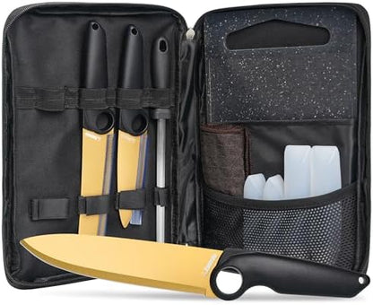 Outdoor Santoku Knife Set – 3 Titanium-Coated Knives with Grip Ring Handles, Sharpener, Cutting Board, Seasoning Bottles & Travel Case – Portable BBQ, RV & Beach Cooking Kit