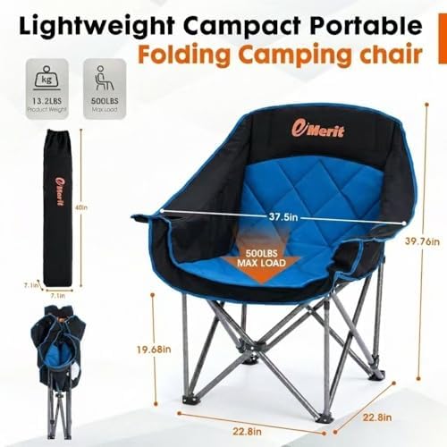 EMERIT Oversized Padded Camping Chair for Big Tall Adults, 500 LBS Heavy Duty Foldable Quad Lawn Chair, 19.68" High Seat, 4-Layer Cushion, Cup Holder, Camping Tailgating Backyard Patio Sports, Blue