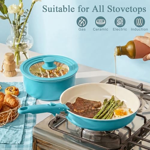GIPP Pots and Pans Set Non Stick,Kitchen Cookware Set Detachable Handle, Non Toxic Cooking Pan Set with Frying Pans Set,RV Cookware Sets for All Stoves, Light Blue Gradient, 21PCS
