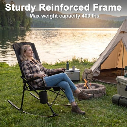 Romswi 2 Pack Folding Rocking Camping Chairs for Adults, Heavy Duty Outdoor Rocker with Breathable Mesh Back, Hard Armrests, Cup Holder, Supports 400 lbs for Patio, Lawn, Beach, Black