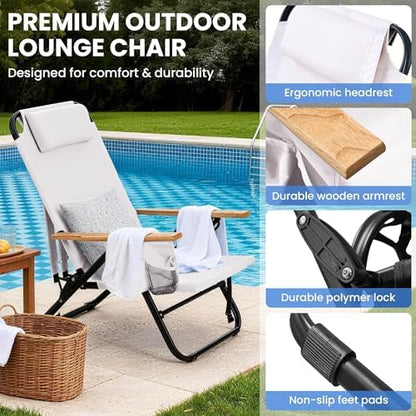 2 Pack Premium 5-Position Reclining Camping Chair - Portable Folding Lightweight Outdoor Chair with Wooden Armrests, Headrest & Pockets, 350lbs Heavy Duty for Beach, Patio, Cream White