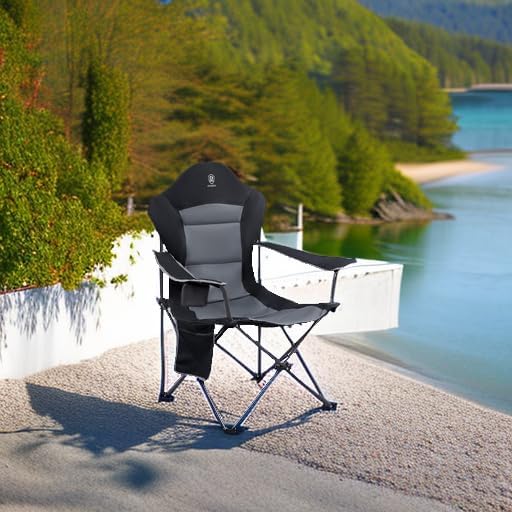 EVER ADVANCED Folding Camping Chair for Outside with High Back Padded Oversized Lawn Chairs Folding Lightweight Sturdy Steel Portable Outdoor Camp Chair for Adults