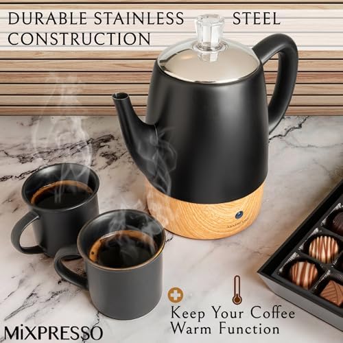 Mixpresso 4 Cup Black Small Electric Percolator Coffee Pot, Stainless Steel