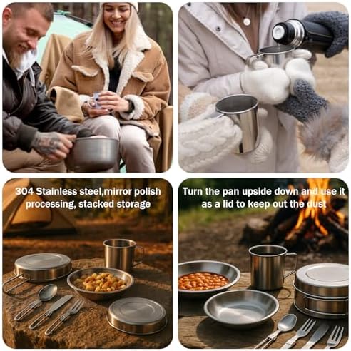 JJUNW 14Pcs Stainless Steel Camping Cookware Set, Lightweight Compact Camping Pots Pans Set with Cups Plates Forks Knives Spoons for Backpacking Camping-Cooking Hiking and Picnic