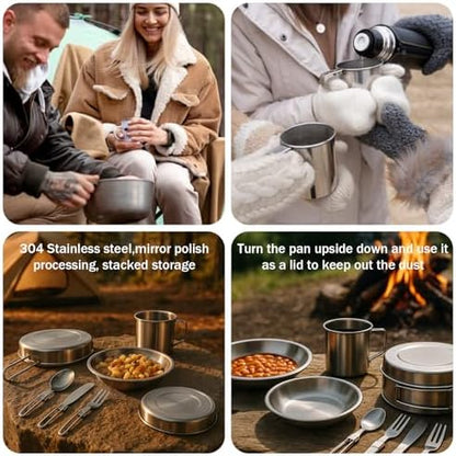 JJUNW 14Pcs Stainless Steel Camping Cookware Set, Lightweight Compact Camping Pots Pans Set with Cups Plates Forks Knives Spoons for Backpacking Camping-Cooking Hiking and Picnic