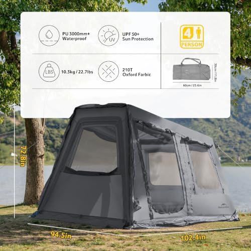 Naturehike Gen Air FL Inflatable Tent 2-4 Person, Easy Setup Blow up Tents with Pump, Waterproof 210D Oxford Fabric & Mesh Windows Tent for Outdoor Family Camping & Glamping