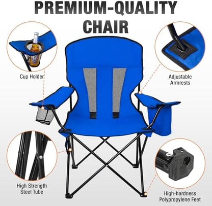 Camping Chairs for Adults 2 Pack, Folding Chair with 4-Can Cooler Bag & Cup Holder, Portable Heavy Duty Outdoor Chair with Mesh Back for Camping, Beach, Lawn, Fishing, Blue