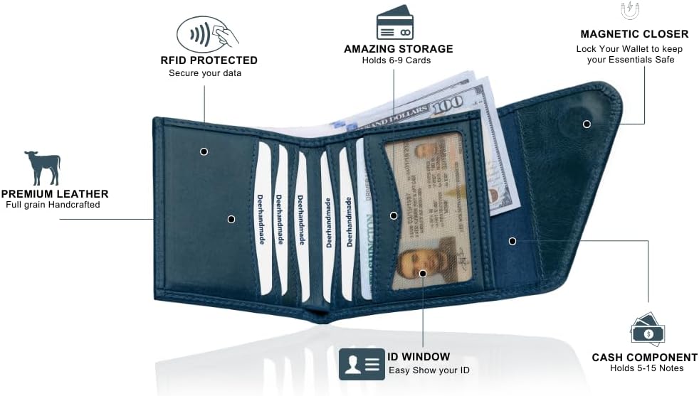 Leather RFID Wallet for Men, Slim Leather Mens Wallet, Handcraft Men's Wallets, Card Cases & Money Organizers, Magnetic Closure Sleek RFID Blocking Thin Mens Wallets with 9-12 Card Slots & Gift Box