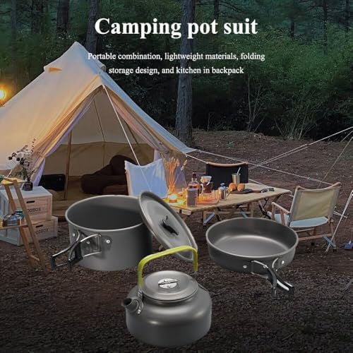 Portable Camping Cookware Set- Lightweight Aluminum Pot, Pan & Kettle with Foldable Handles for Backpacking, Hiking & Outdoor Cooking - Non-Stick, Space-Saving for 2-3 People
