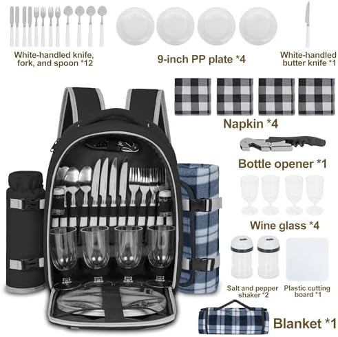 Picnic Backpack for 4 Persons with Insulated Leakproof Cooler Compartment, Cutlery Sets, Wine Holder, Fleece Blanket, Wedding Gifts for Couples, Perfect for Beach, Camping, Hiking, Black