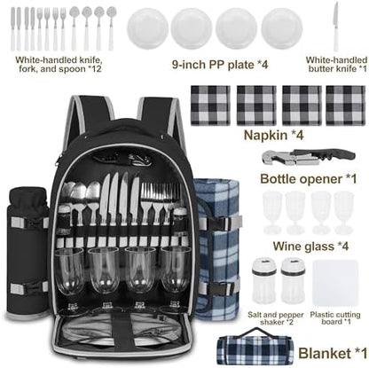 Picnic Backpack for 4 Persons with Insulated Leakproof Cooler Compartment, Cutlery Sets, Wine Holder, Fleece Blanket, Wedding Gifts for Couples, Perfect for Beach, Camping, Hiking, Black