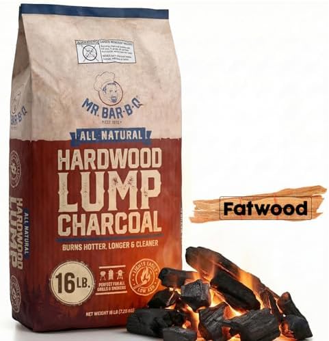 16 LB. Hardwood Lump Charcoal with FATWOOD by Mr. Bar-B-Q - Premium Natural Charcoal for Grilling, BBQ, Smoking, Kamado & Kettle Grills - Burns Hotter & Longer - Smoky Flavor, Easy to Light