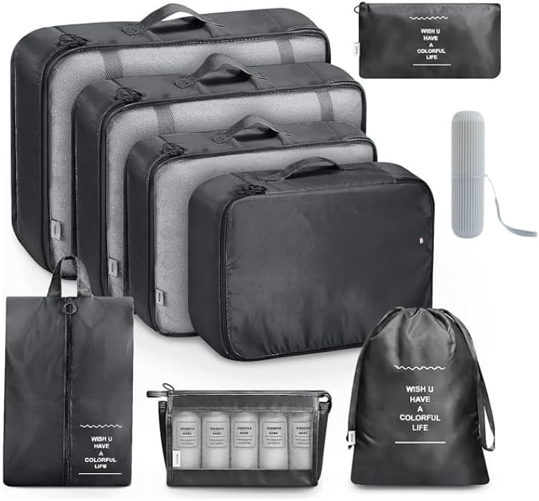 9 Set Packing Cubes for Suitcases, Aydicon Travel Luggage Packing Organizers with Laundry, Toiletry Bag, Compression Storage Shoe Bag, Toothbrush Case, Travel Essentials (Black)