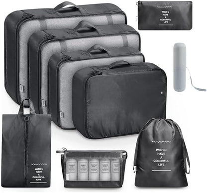 9 Set Packing Cubes for Suitcases, Aydicon Travel Luggage Packing Organizers with Laundry, Toiletry Bag, Compression Storage Shoe Bag, Toothbrush Case, Travel Essentials (Black)