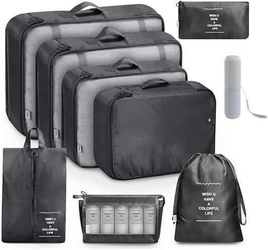 9 Set Packing Cubes for Suitcases, Aydicon Travel Luggage Packing Organizers with Laundry, Toiletry Bag, Compression Storage Shoe Bag, Toothbrush Case, Travel Essentials (Black)