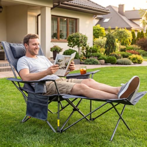 Romswi 2 Pack Reclining Camping Chairs with Removable Footrests, 4-Position Adjustable Lounge Chairs, 300 LBS Heavy Duty Folding Chairs with Cooler Bag, Cup Holder & Carry Bag, Grey