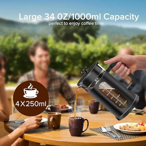 QUQIYSO French Press 34oz, Stainless Steel & Thickened Glass Coffee Press