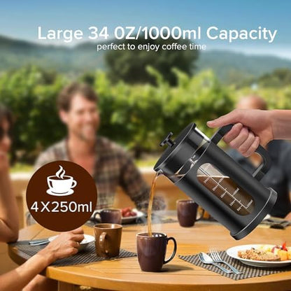 QUQIYSO French Press 34oz, Stainless Steel & Thickened Glass Coffee Press