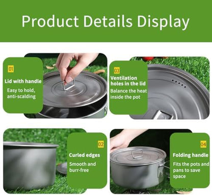BY-J Titanium Camping Cookware 2200ml+1200ml+700ml Titanium Pot with Lid and Stainless steel spatula, Compact Backpacking and Travel Kitchenware for Camping, Hiking and Fishing