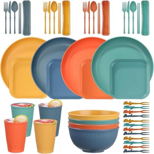 48Pcs Wheat Straw Dinnerware Sets, Unbreakable Plastic Plates and Bowls Sets, Dinner Sets for 4 People, Travel Picnic Camping Cutlery Set, Home Party Cutlery Set, Dishwasher Microwave Safe Dishes