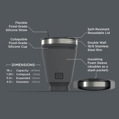 HYDAWAY 16oz Collapsible Tumbler - BPA-Free, Reusable Silicone Cup with Lid & Insulating Sleeve - Perfect for Coffee, Travel, and Everyday Use