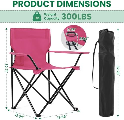 4 Pack Folding Camping Chairs for Outdoor, Foldable Portable Lawn Chairs with Carry Bag & Cup Holder, Compact Design for Camp, Beach, Picnics, and Fishing Supports 300LBS（Pink）