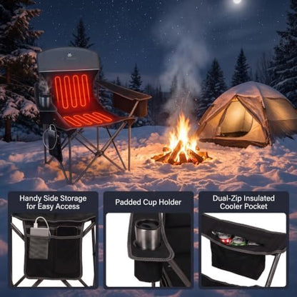 Heated Camping Chairs 2 Pack - Heavy Duty 400LBS Padded Lawn Chair with Cup Holder,Side Pocket,Collapsible for Outdoor,Camp,Fishing & Garden,Black,Battery NOT Included