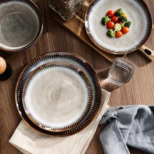 Melamine Dinnerware Set, 12 Pcs Dishware Sets, Plate and Bowl Set Service for 4, Lightweight and Unbreakable Dinnerware Sets for Camping, Great for RV, Dishwasher Safe, Sahara Beige and Blue