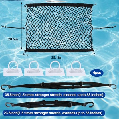 Cargo Net Kit 20.5"X29.1" Attachable Storage Net with 2 Stretchable Straps and 4 Hooks Elastic Black Mesh Net Cargo Netting Multi-Purpose Trunk Net for Cooler Trunk Boat Snowmobile