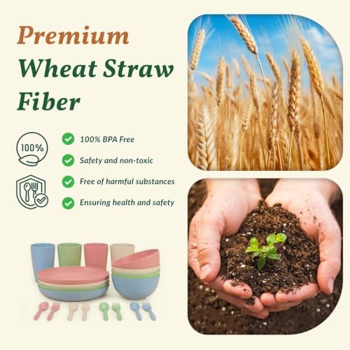 Homienly Wheat Straw Dinnerware Sets 20 PCS Plates and Bowls Sets Microwave and Dishwasher Safe Dish Set Unbreakable Camping Dish Set Cups and Plates Sets for Kitchen, Picnic, RV (Multilight)