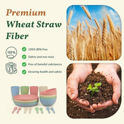 Homienly Wheat Straw Dinnerware Sets 20 PCS Plates and Bowls Sets Microwave and Dishwasher Safe Dish Set Unbreakable Camping Dish Set Cups and Plates Sets for Kitchen, Picnic, RV (Multilight)