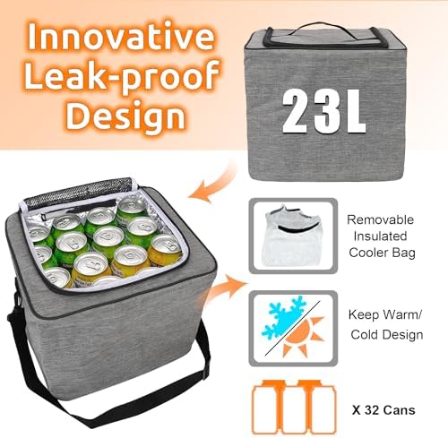 Collapsible Trunk Organizer with Insulated Leakproof Cooler Bag,Removable Lid,Adjustable Securing Straps,3 Compartments Trunk Organizer for SUV,Truck,Sedan(Light Grey)