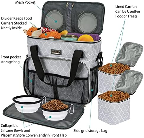 BAGLHER Dog Travel Bag, Pet Travel Bag (ALL Pet Travel Supplies), With 2 Pet Food Containers and 2 Collapsible Silicone Bowls; Essential Kits for Pet Travel DLwhite