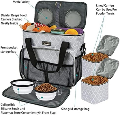 BAGLHER Dog Travel Bag, Pet Travel Bag (ALL Pet Travel Supplies), With 2 Pet Food Containers and 2 Collapsible Silicone Bowls; Essential Kits for Pet Travel DLwhite