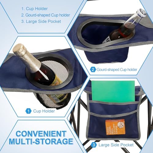 Oversized Camping Chair for Adults - 2 Pack Padded Lawn Chairs with Cup Holder & Side Pocket,Heavy Duty Folding Outdoor Chairs for Camp,Sports,Picnic,Beach,Dark Blue