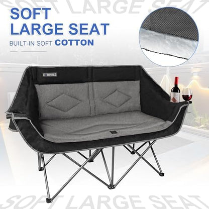 Oversized Double Camping Chair-Heavy Duty 2 Person Folding Loveseat Camp Couch for Adults,Portable Outdoor Lawn Chairs with Padded Seat for Fishing,Sports and Patio,Supports 500 LBS,Black