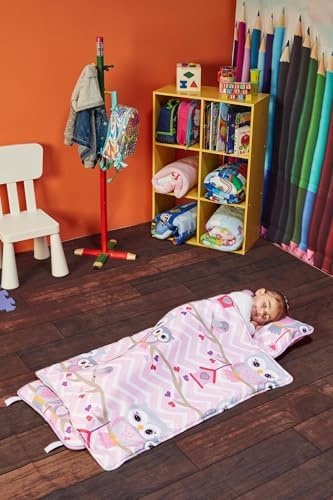 EVERYDAY KIDS Nap Mat with Removable Pillow - Carry Handle with Straps Closure, Rollup Design, Soft Microfiber for Preschool, Daycare, Travel Sleeping Bag - Sweet Owls