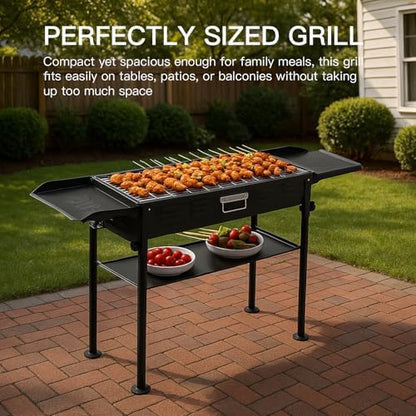 comzenz 35’’ Portable Charcoal Grill Folding BBQ Grill for Outdoor Grilling Cooking Camping Hiking Picnics Tailgating Backpacking Party, With Storage Bag & Non-Stick Frying Pan, Matte Black