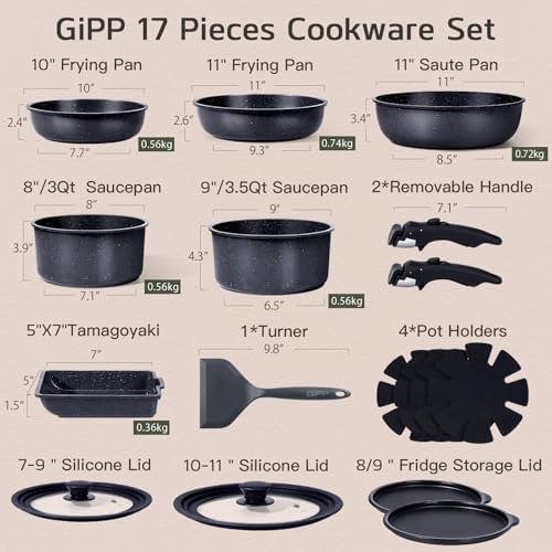 GIPP Pots and Pans Set Non Stick,Kitchen Cookware Set Detachable Handle, Non Toxic Cooking Pan Set with Frying Pans Set,RV Cookware Sets for All Stoves, Dark Grey, 17PCS