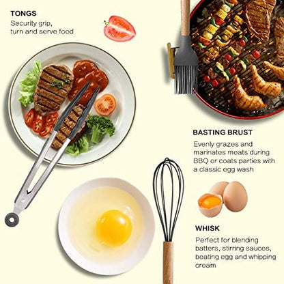 MIBOTE Silicone Cooking Kitchen Utensils Set, 17 Pcs, Wooden Handle, Grey