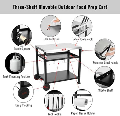 Feasto 3-Shelf Pizza Oven Table, Outdoor Grill Cart, 33.5" x 21.7", Black