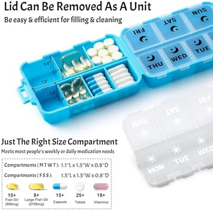 Foldable Portable 7 Day Pill Organizer 2 Times a Day, AM PM Weekly Pill Box